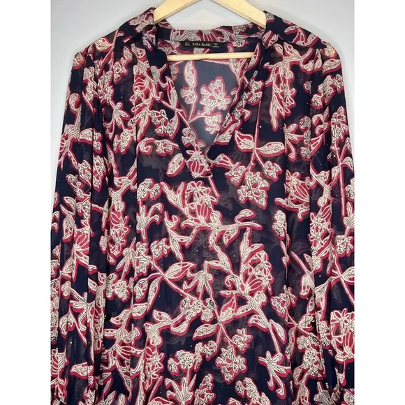 ZARA Sheer Studded FLORAL PRINT BLOUSE Button Down Pullover Career Top Sz Small - Picture 2 of 10
